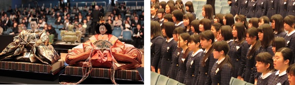 壇上に飾られた雛人形と卒業生