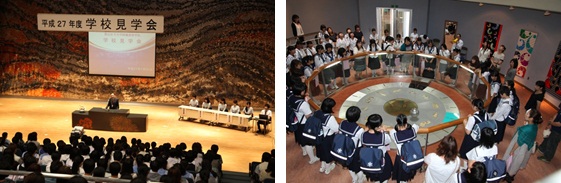 全体説明会(左)と創学館にてフーコーの振り子を見学(右)