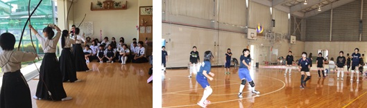 弓道部(左)とバレーボール部(右)の部活動体験
