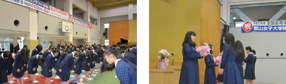 お互いに「よろしくお願いします」(左) 在校生から新入生へ花束贈呈(右)