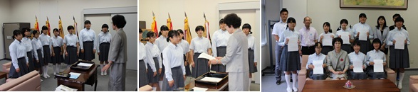 新役員への校長訓示(左)、任命状授与(中央)、任命式後の記念写真(左)