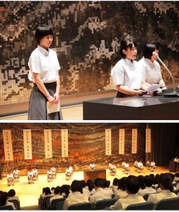 生徒会立候補者の演説(上段)と 演説会の様子(下段)