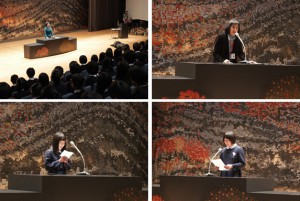 校長先生のお話(左上)・ 進路指導部長のお話(右上)・ 保健委員長の連絡(左下)・ バレーボール部部長のお礼の言葉(右下)